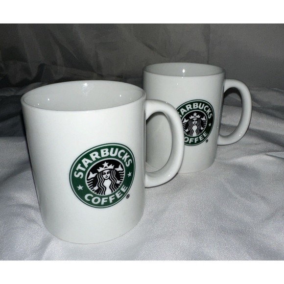 STARBUCKS 2007 Coffee Mug 8-ounce Green MERMAID Logo White Collectible Set of 2 - Picture 1 of 12